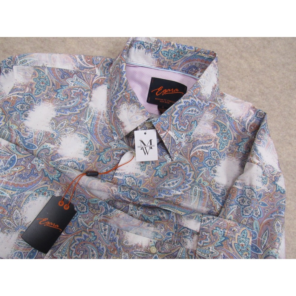 Egara Mens Modern Fit Stretch Non Iron Paisley Button Down Shirt Blue Purple L